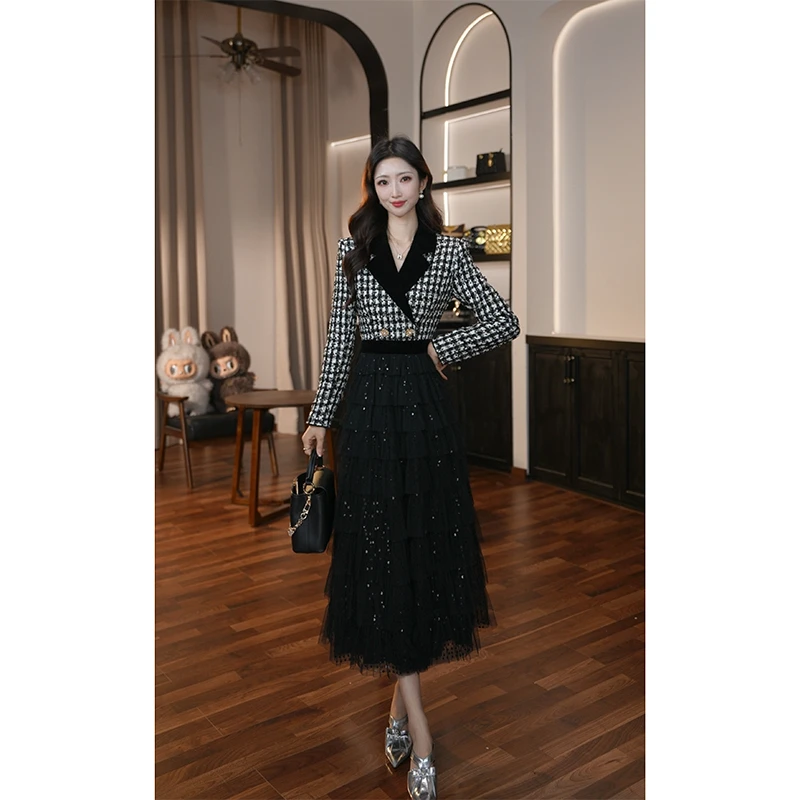 【滋滋定制】设计师秋冬季新款高腰优雅气质拼接收腰连衣裙65581