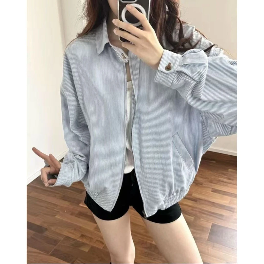 蓝白条纹衬衫夹克男女款秋季潮牌cleanfit短款翻领棒球服高级外套