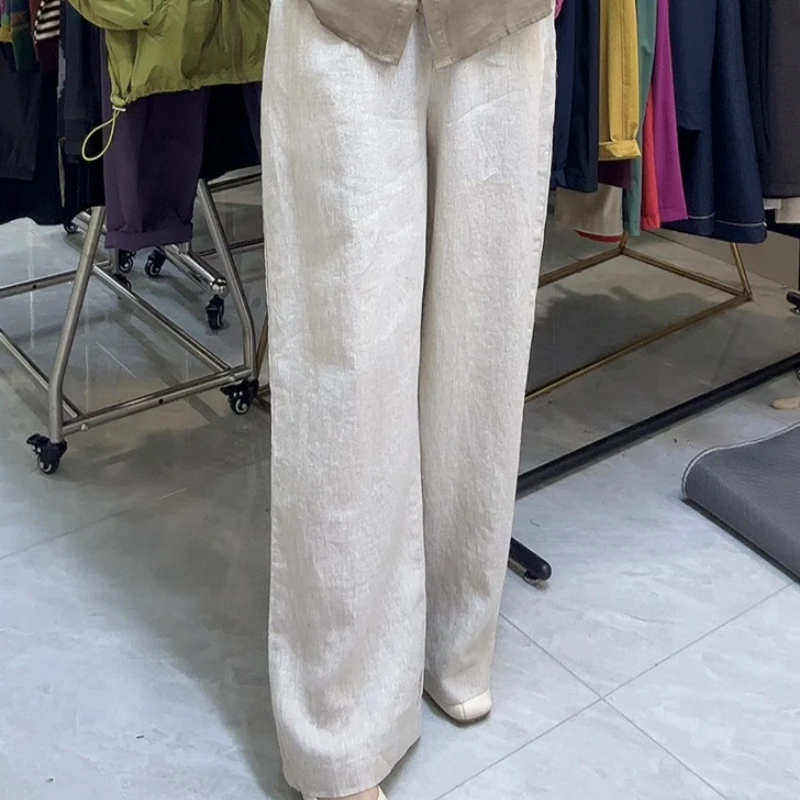 1090高货拖地裤档纯亚麻阔腿裤女春夏薄款透气直筒高腰长裤显瘦