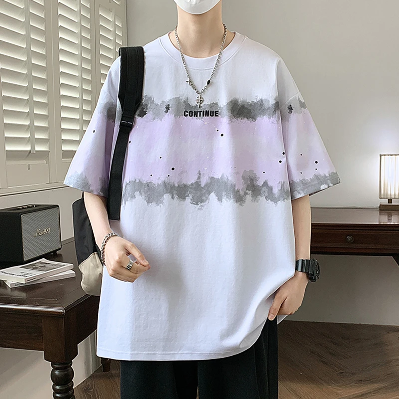 2025夏季新款港风版撞色印花款重磅短袖潮流宽松休闲运动短袖T恤