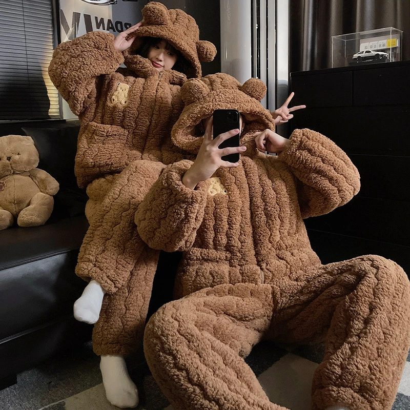 情侣睡衣女三层夹棉秋冬季加厚加绒珊瑚绒连帽冬天男士家居服套装