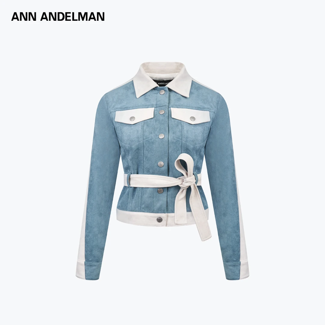 ANN ANDELMAN25冬季双色拼接绒面皮收腰夹克