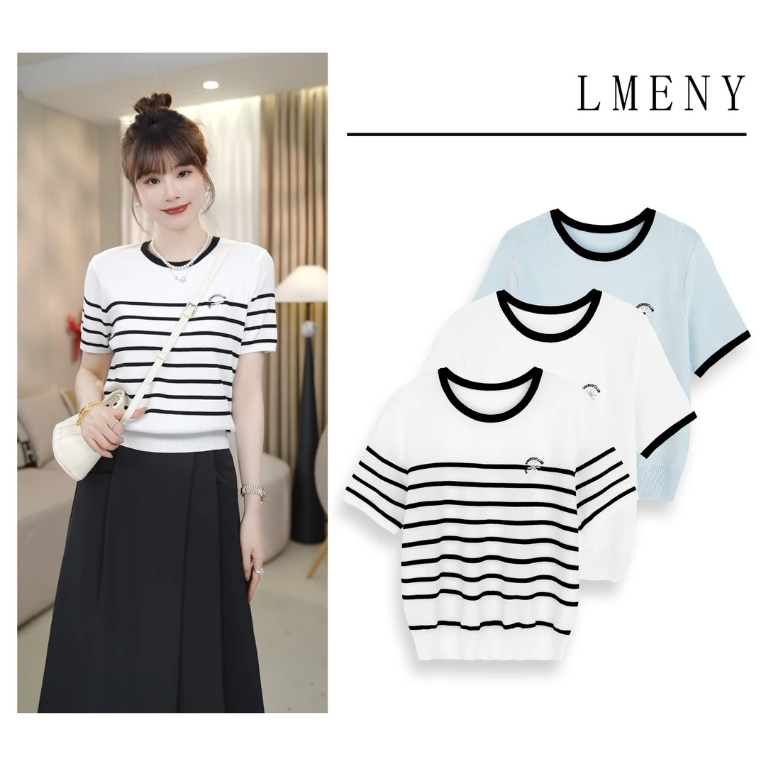 LMENY小花针织～撞色刺绣花朵字母圆领短袖针织衫25BM010