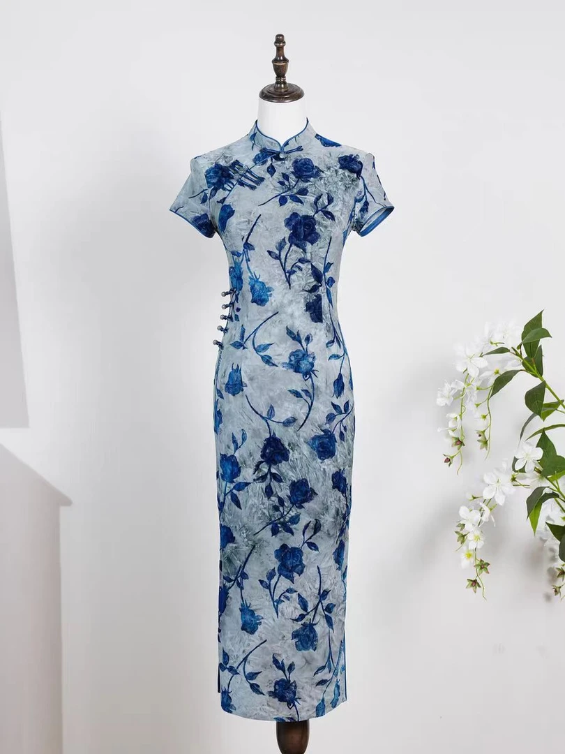 夏款-【蓝玫瑰】单层设计师款长款夏季复古风日常中国风显瘦旗袍