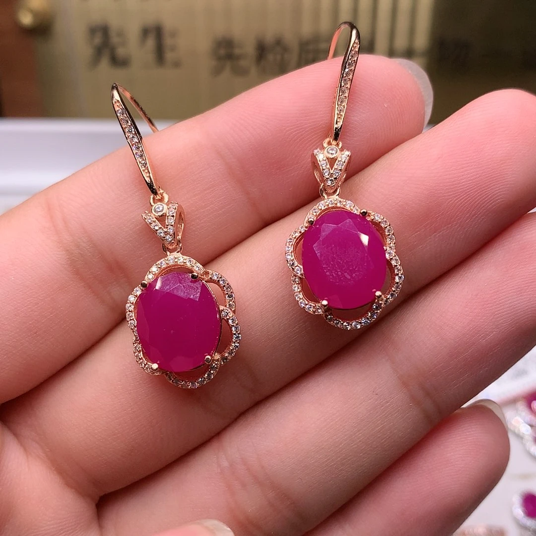 红宝石耳饰银S925镶嵌