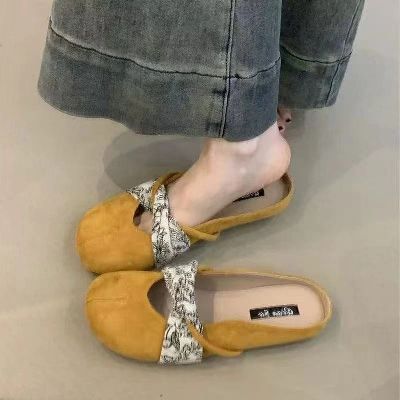 可芙猫2025春新款法式复古方头软底包头拖鞋外穿蝴蝶结仙风温柔鞋