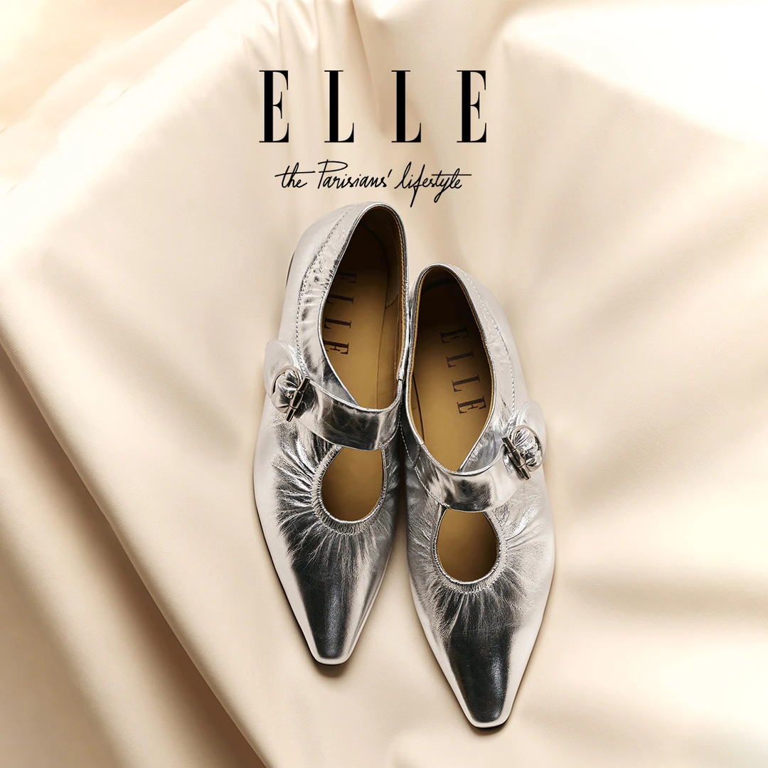 ELLE银色尖头平底单鞋女高级感法式气质低跟仙女风配裙子玛丽珍鞋