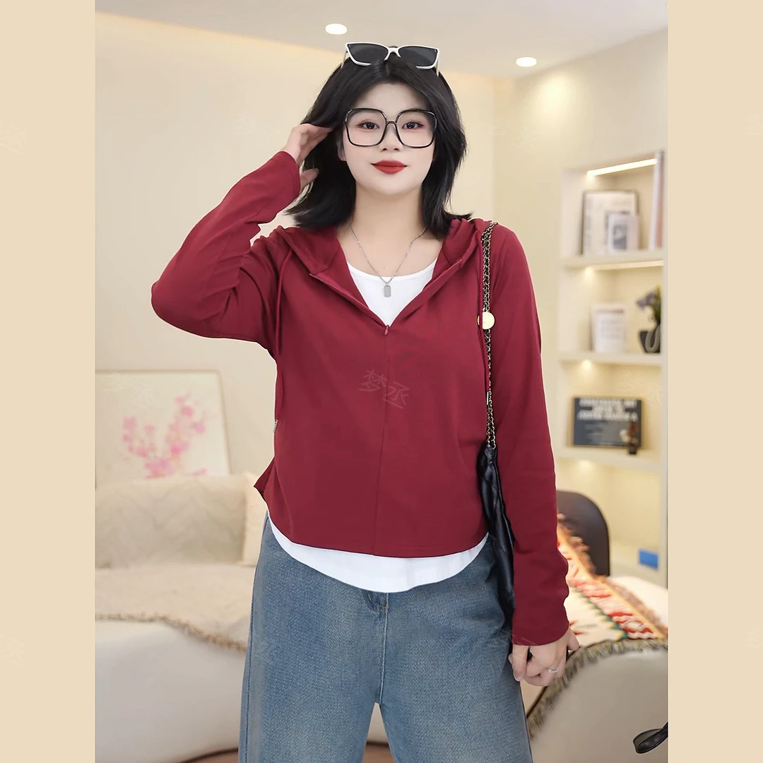 梦丞-早秋宽松显瘦胖mm大码女装休闲百搭假两件连帽针织上衣女