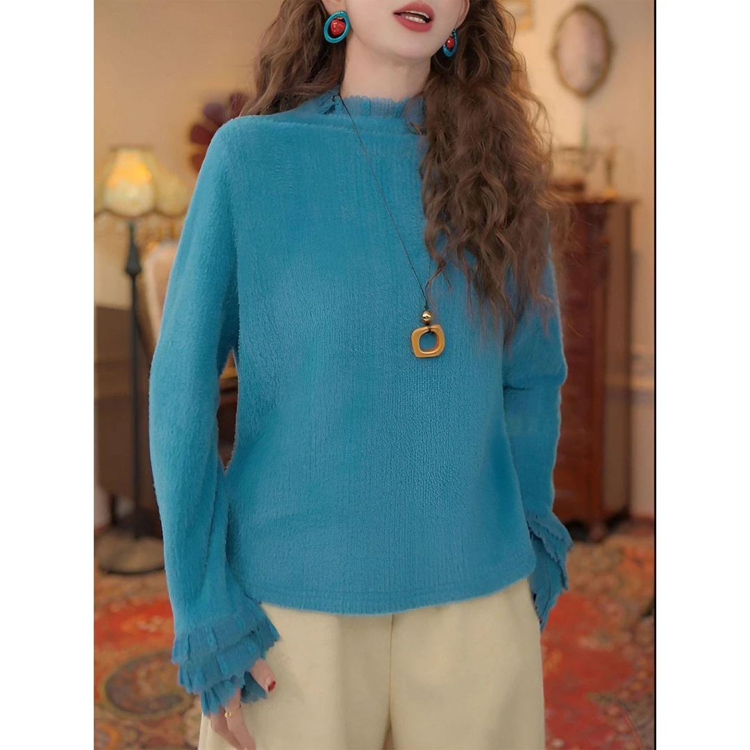 半高领花拼接长袖针织衫女秋冬新款港风复古设计感打底衫毛毛上衣