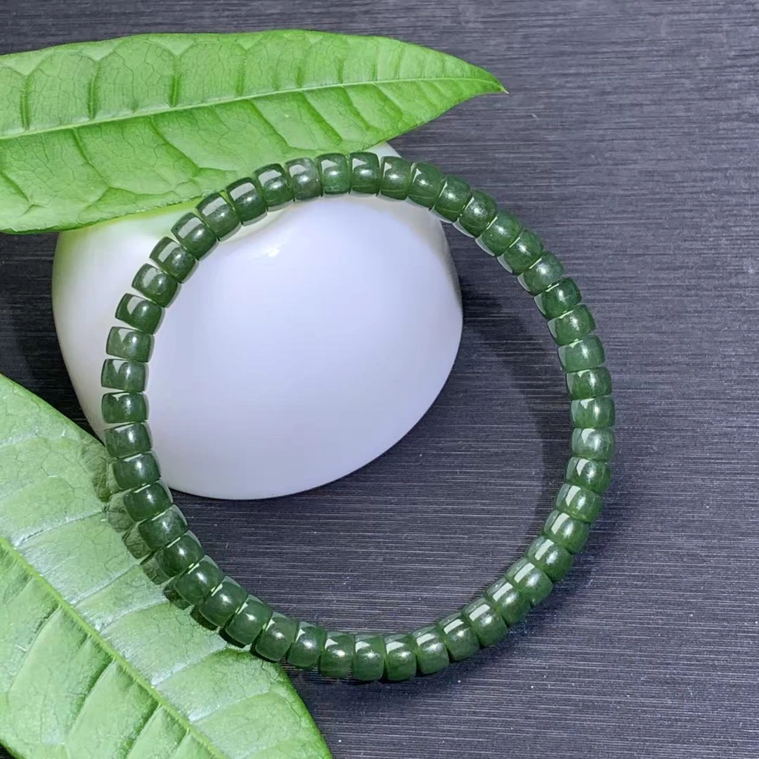 和田玉俄料碧玉药片手串天然原矿珠宝玉石精品手串6mm菠菜绿