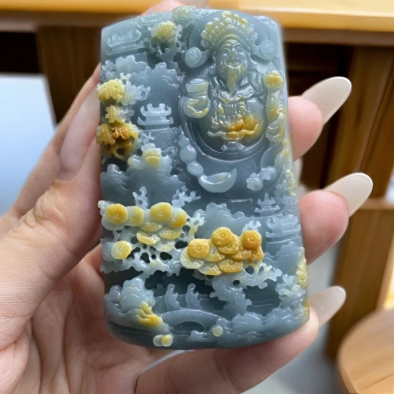 翡翠黄翡山水财神 毛货买断 尺寸74*44*10Mm