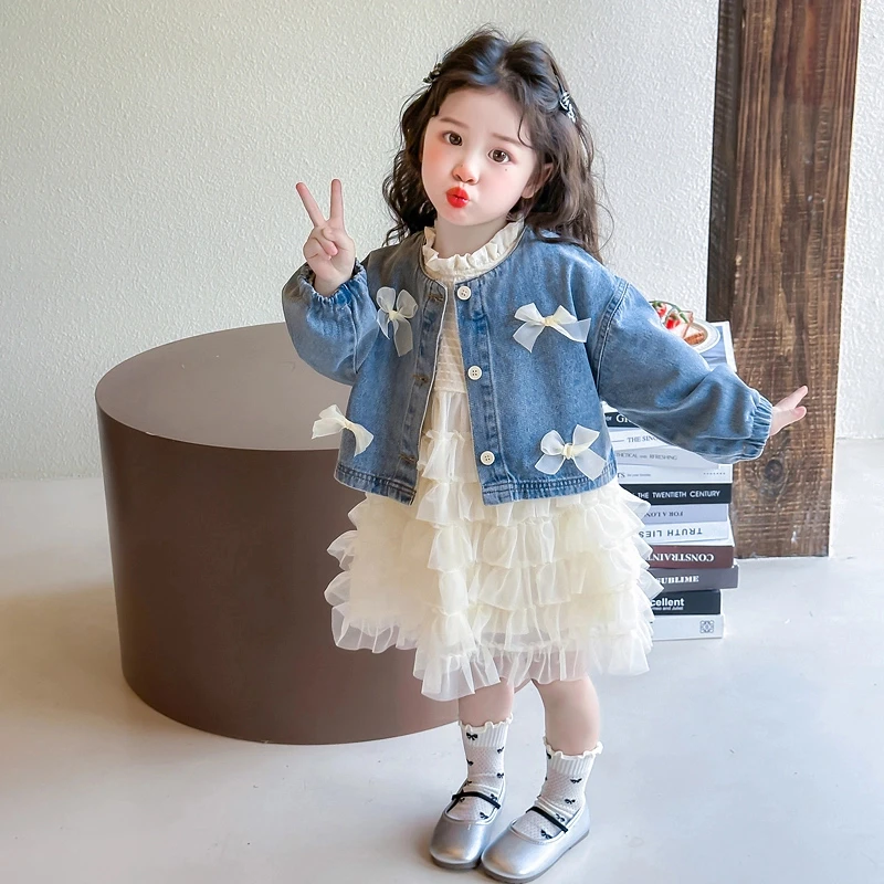 女童蛋糕裙套装2025新款儿童春秋装韩版洋气女宝宝牛仔外套两件套