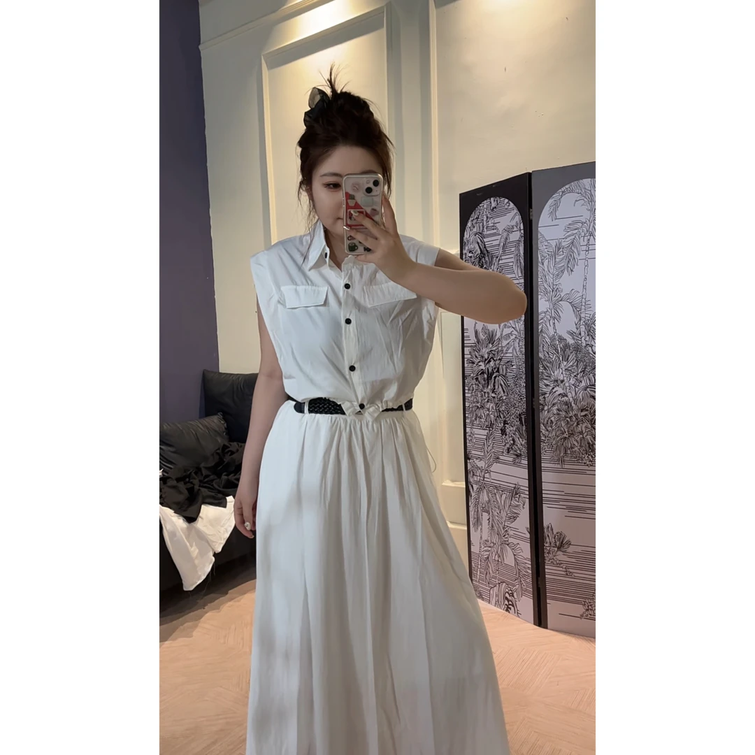 大码微胖mm 韩版简约翻领宽松无袖上衣高腰显瘦A字半身裙两件套女