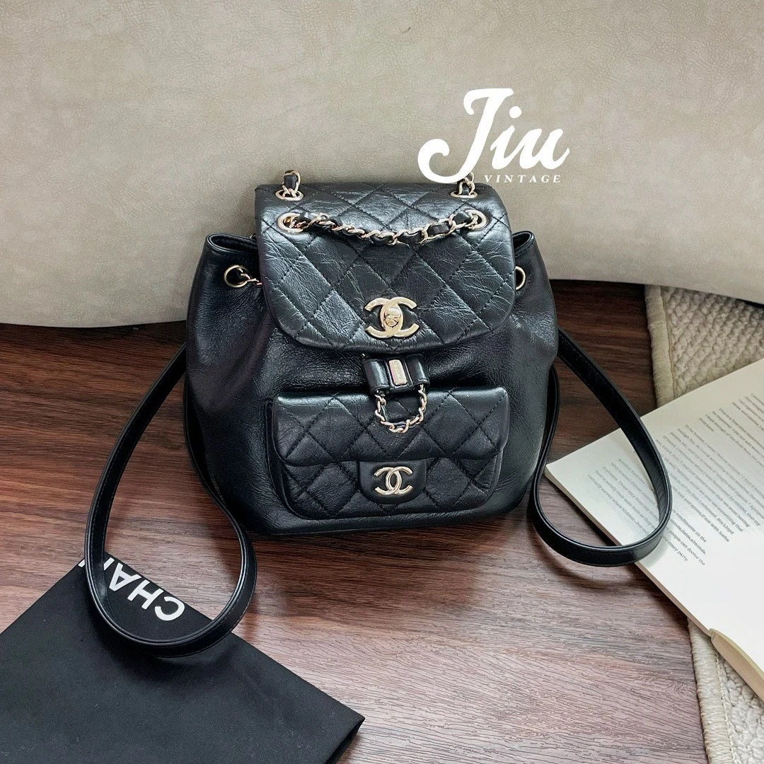 99新 Chanel/香奈儿 黑金油蜡皮duma双肩小号22C尘袋BJM12-1549