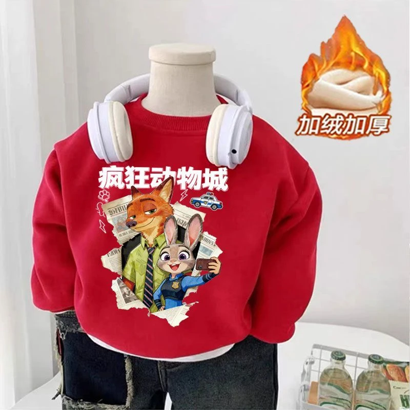 儿童疯狂动物城秋冬新款加绒卫衣男女童新年红洋气卡通中大童上衣