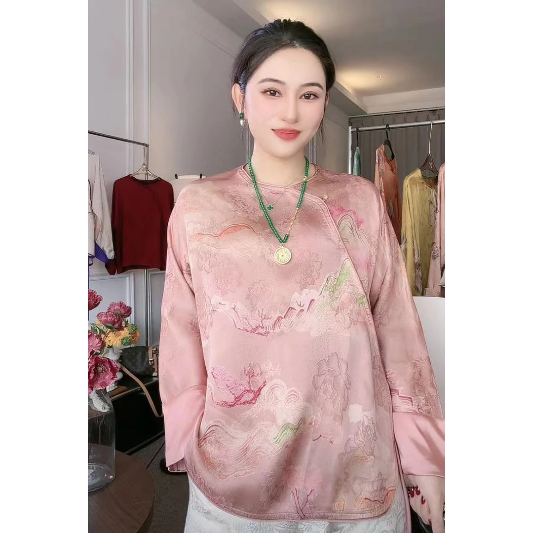 琳琳专属2店【樱花粉】新中式国风衬衫气质显瘦斜襟时尚长袖百搭