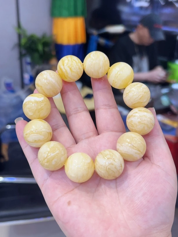 俄料浓白蜡虎皮纹饱满蜡质圆珠蜜蜡手串 尺寸21.7 mm