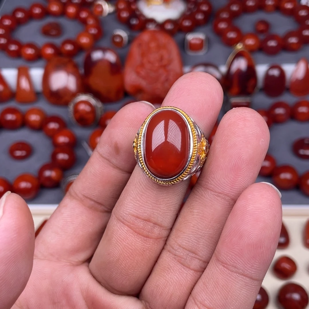 南红玛瑙银S925镀金镶嵌瓦西南红戒指