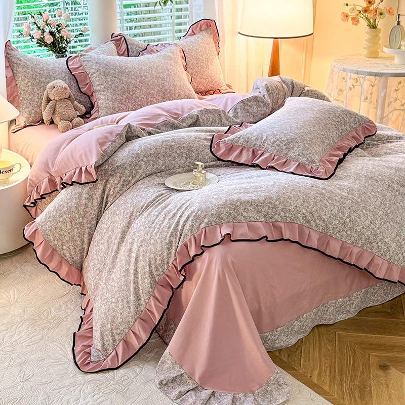 【A类针织棉时尚花边款四件套】春夏四件套新款秋冬加厚A类针织棉时