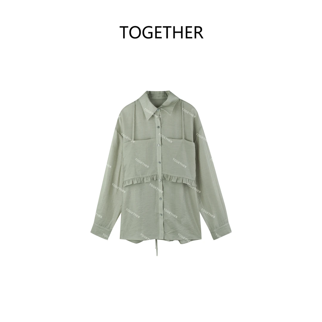【Together】· 雾青 ·早秋纯色设计感木耳边拼接翻领长袖衬衫W9176