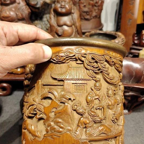 好***力木竹雕醉酒文房笔筒