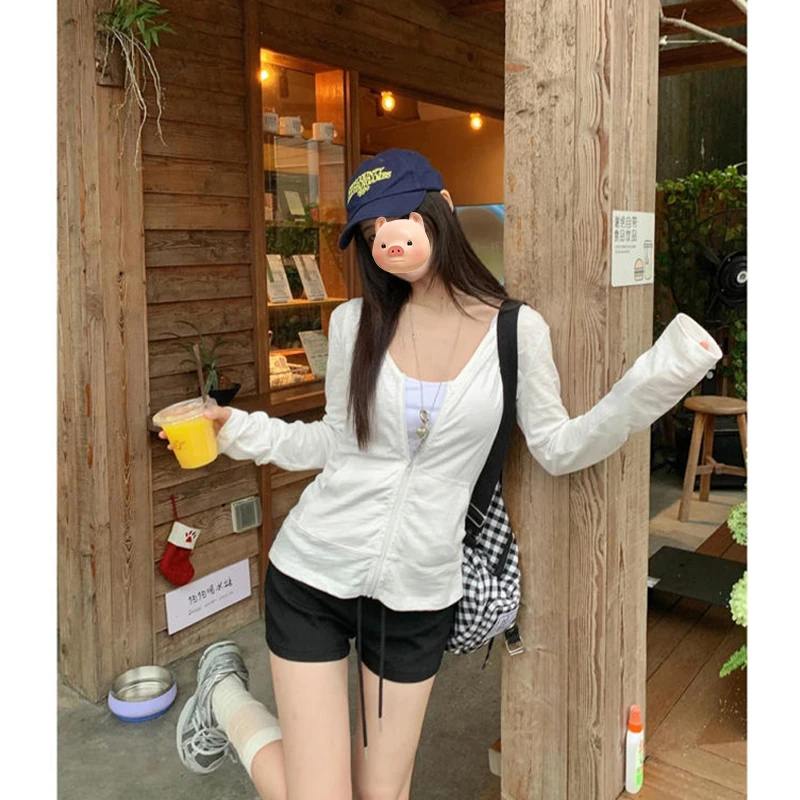 白色短款连帽户外轻薄防晒衣冰丝开衫外套女夏季薄款外搭短款上衣