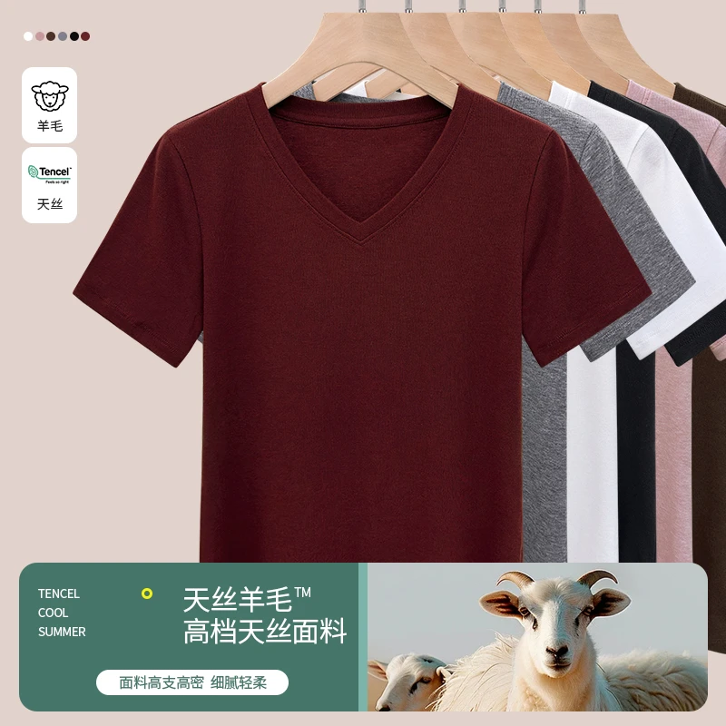 2025春夏季新款莱赛尔气质V领正肩上衣女装高档天丝羊毛面膜t恤女