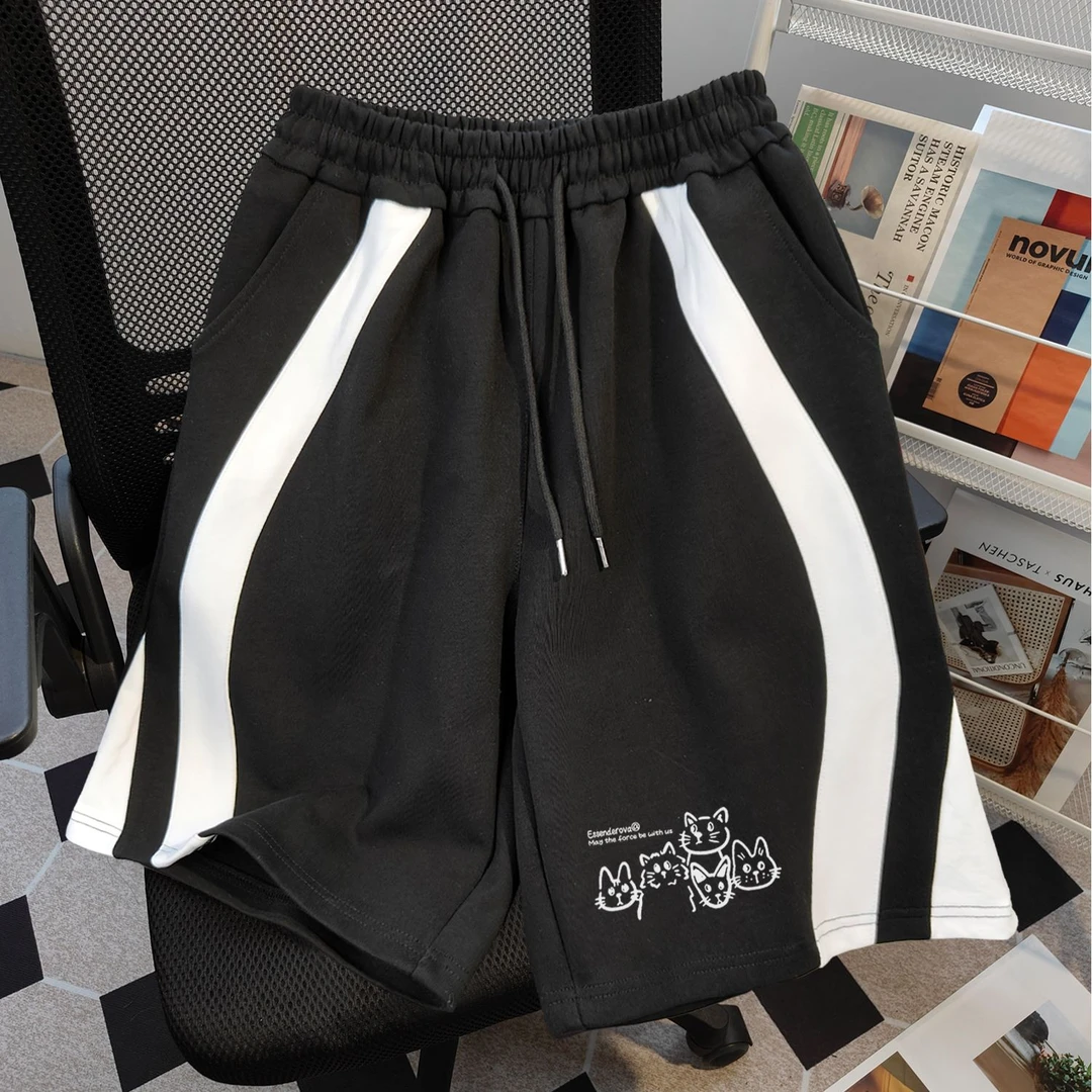 100%纯棉爆款小众复古印花抽绳短裤男女夏季宽松休闲情侣五分裤潮