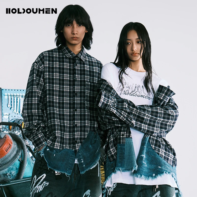 Holdoumen买手系列格子拼接牛仔衬衫