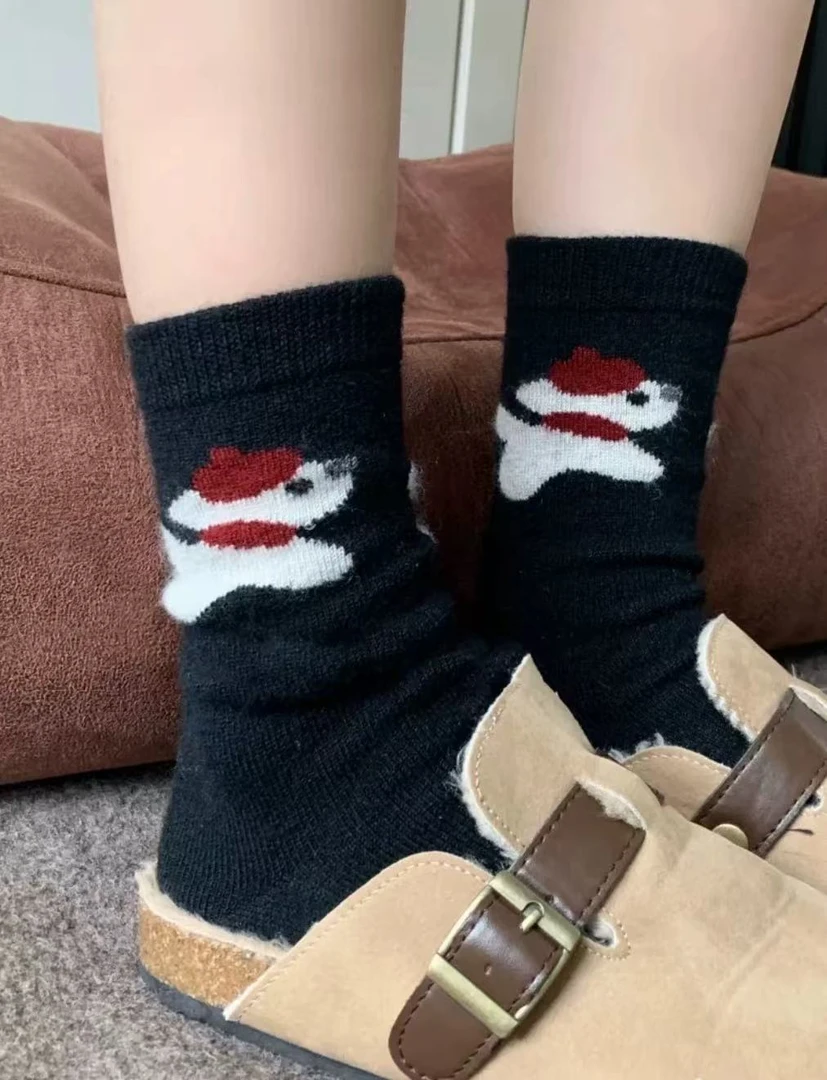 重工艺羊毛女袜子东大门韩系网红卡通围脖小狗保暖无骨中筒堆堆袜