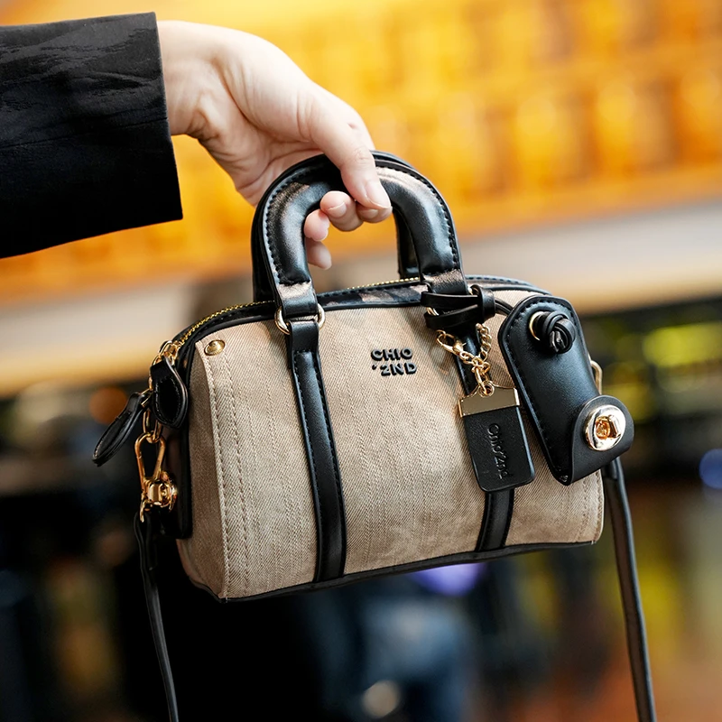 GELANDAI2025新款百搭时尚单肩斜挎包包织物潮流波士顿小方包2008