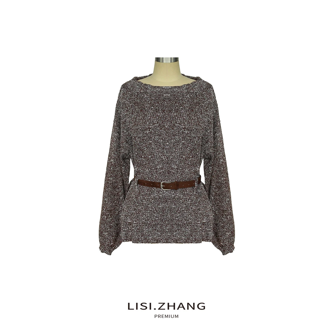 LISI.ZHANG--【一字领针织衫】杂色复古时尚设计腰带宽松针织上衣