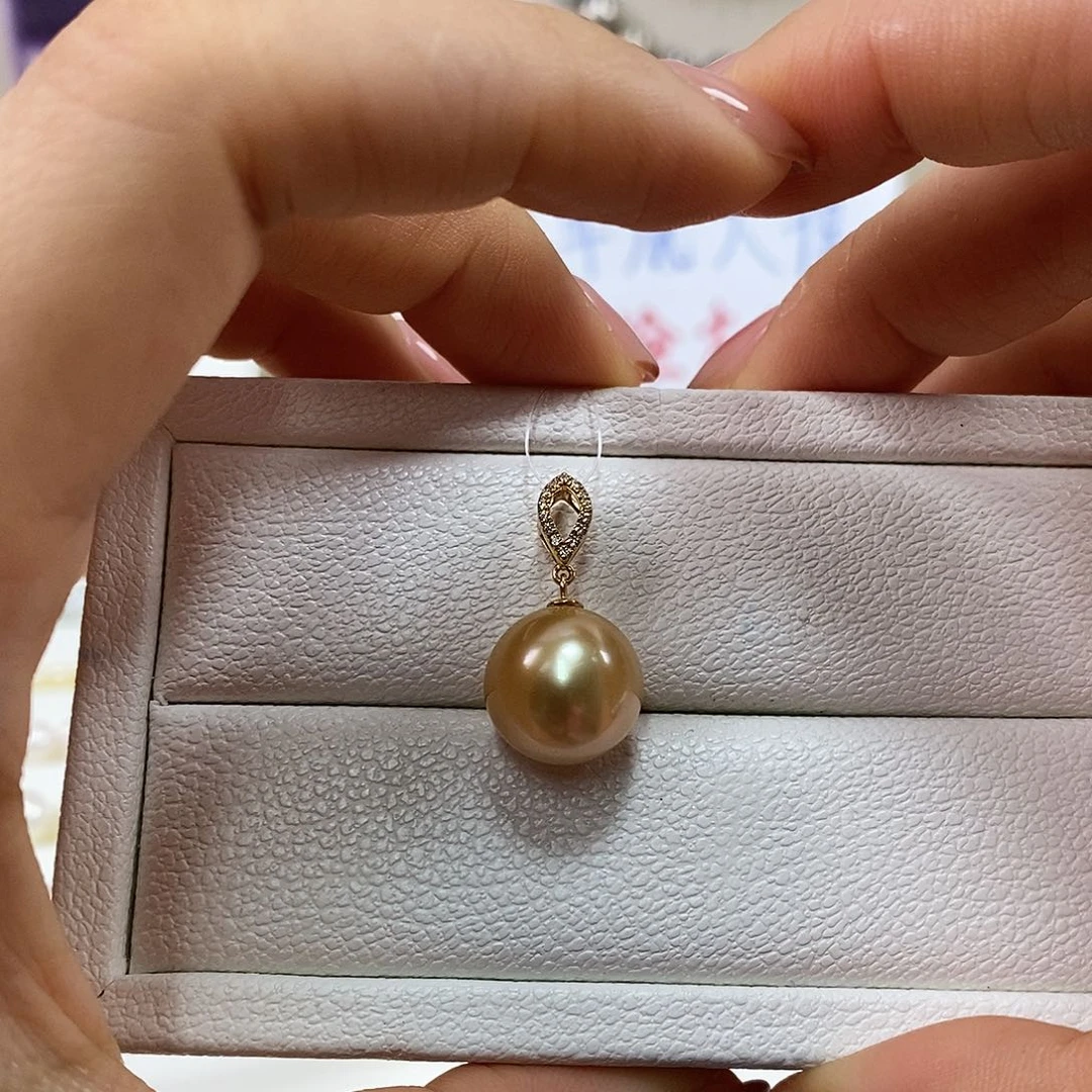 海水珍珠吊坠(不含链)18K金镶嵌12.5m南洋金珠吊坠（茶金品质）
