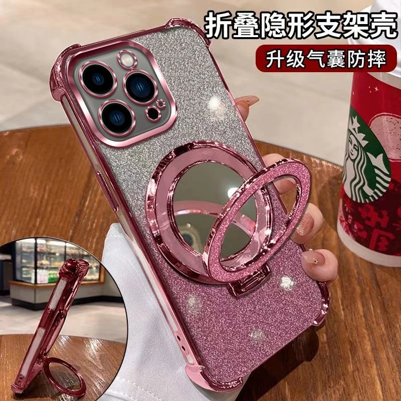 闪粉化妆镜适用iPhone苹果13PRO手机壳防摔壳电镀潮流潮全包软壳.