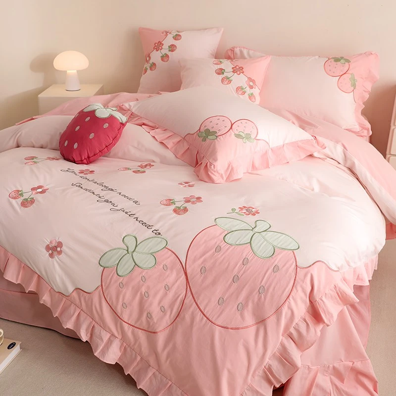 韩版公主风花边小清新水洗棉四件套543草莓-粉