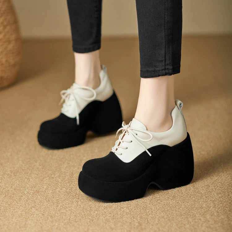 牛羊皮~10cm~小香风真皮厚底系带乐福鞋新款百搭松糕厚底高跟鞋女