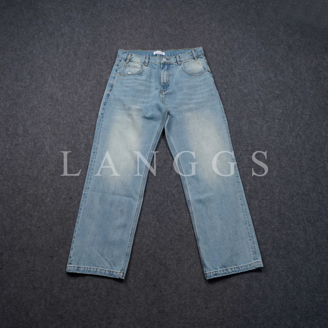 LANGGS&浪叔 春季美式水洗赤耳丹宁复古做旧直筒牛仔裤-SS5201