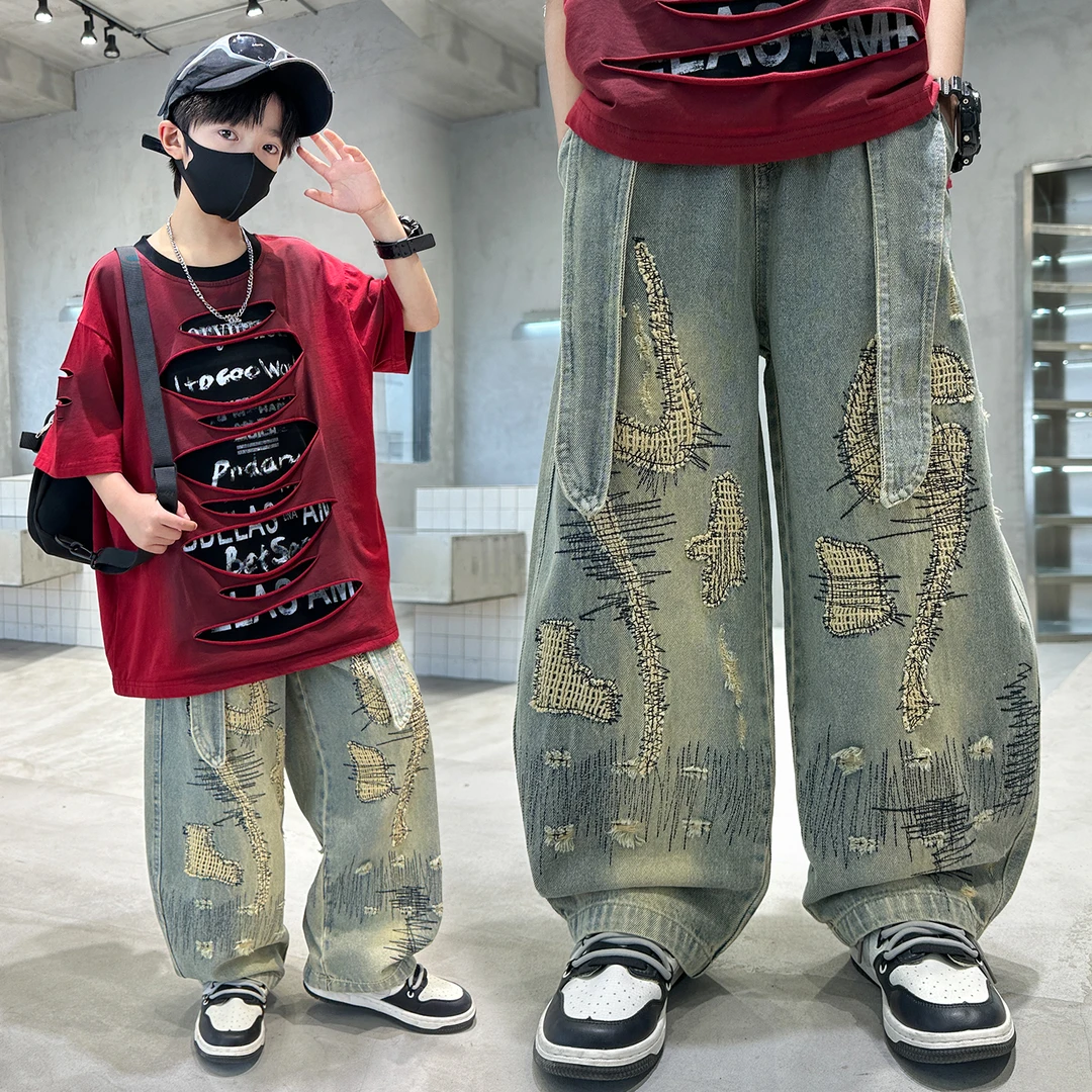 男童破洞潮酷短袖套装2025新款痞帅炸街男孩美式半袖牛仔裤两件套