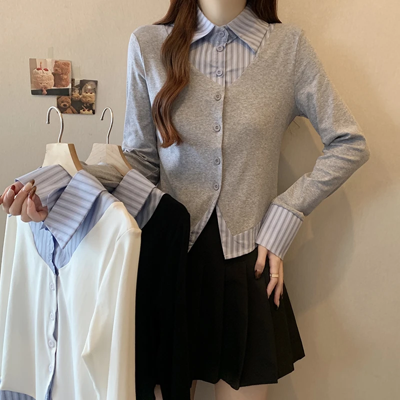 2025春装新款胖mm大码女假两件条纹拼接修身上衣衬衣T恤33549