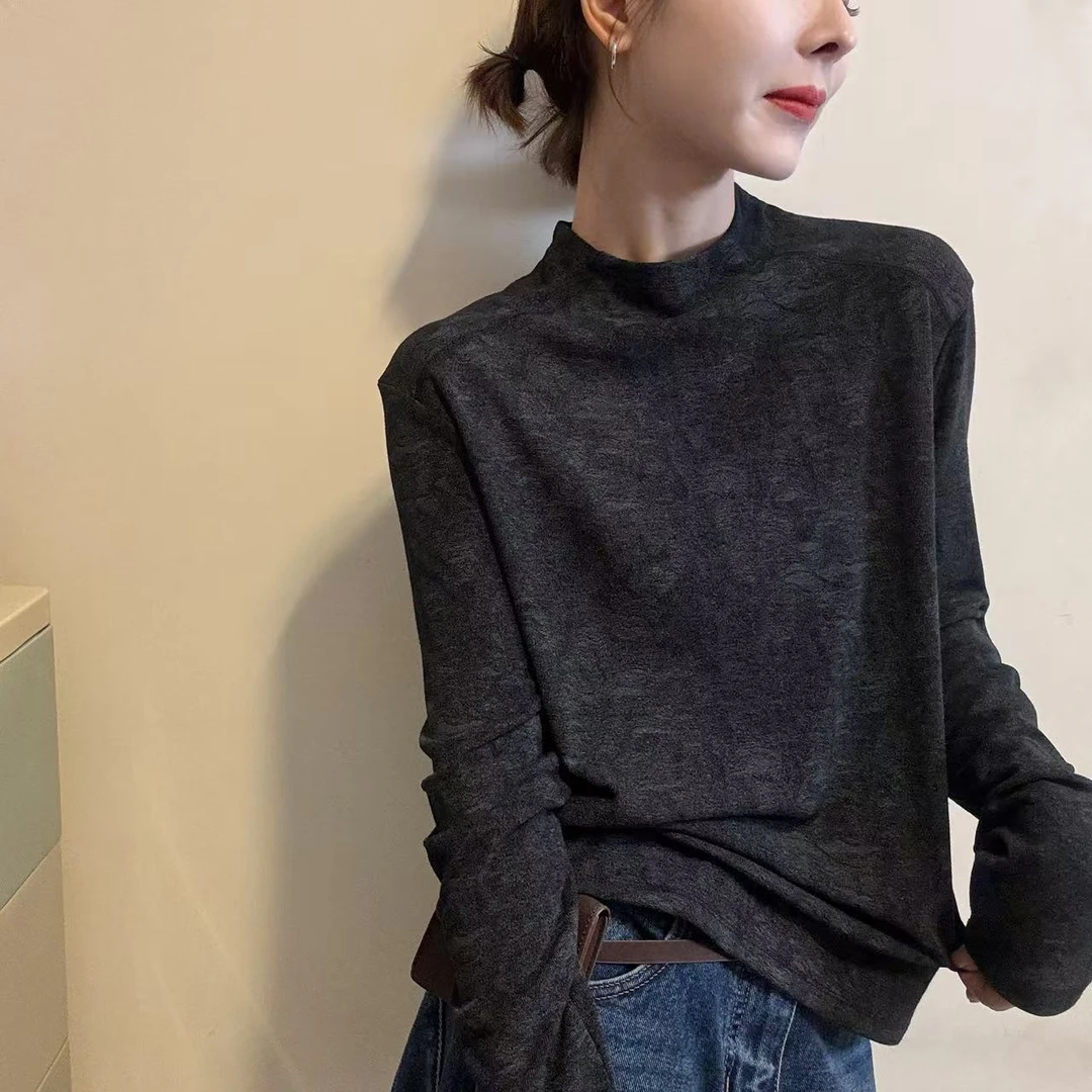 2025秋季时尚气质小立领正肩弹力显瘦晕染长袖打底衫t恤女装上衣
