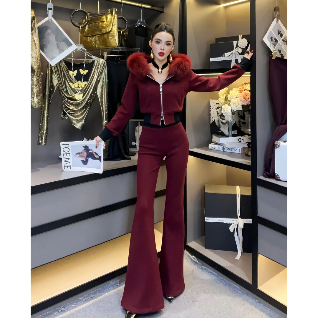 欧货女装-2025冬新款设计感毛毛领拉链外套显瘦气质喇叭裤两件套