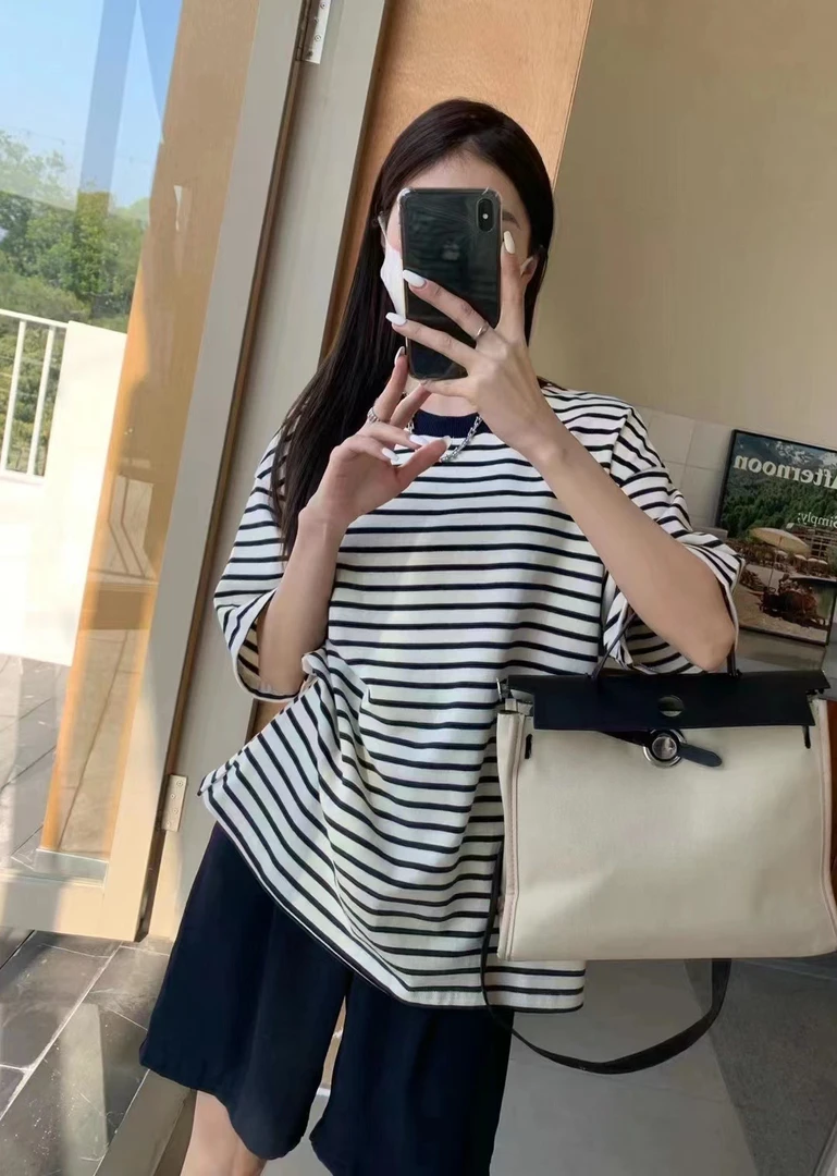 【希辰】韩系重磅新棉宽松显瘦圆领条纹短袖T恤上衣 74638