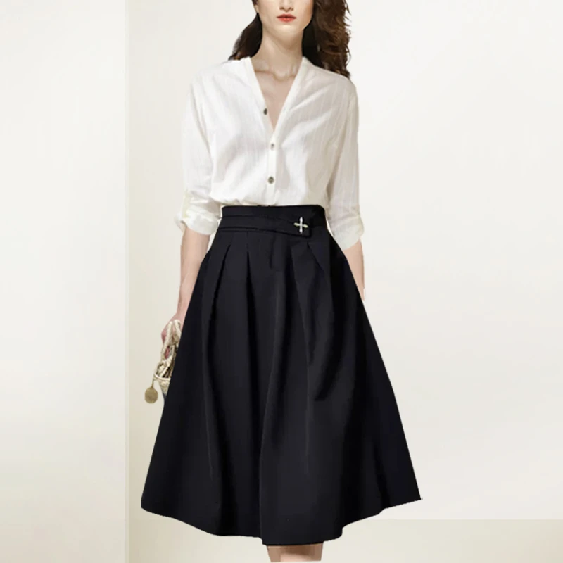 衬衫大摆半身裙套装裙女2025年春装新款法式宽松慵懒风休闲两件套