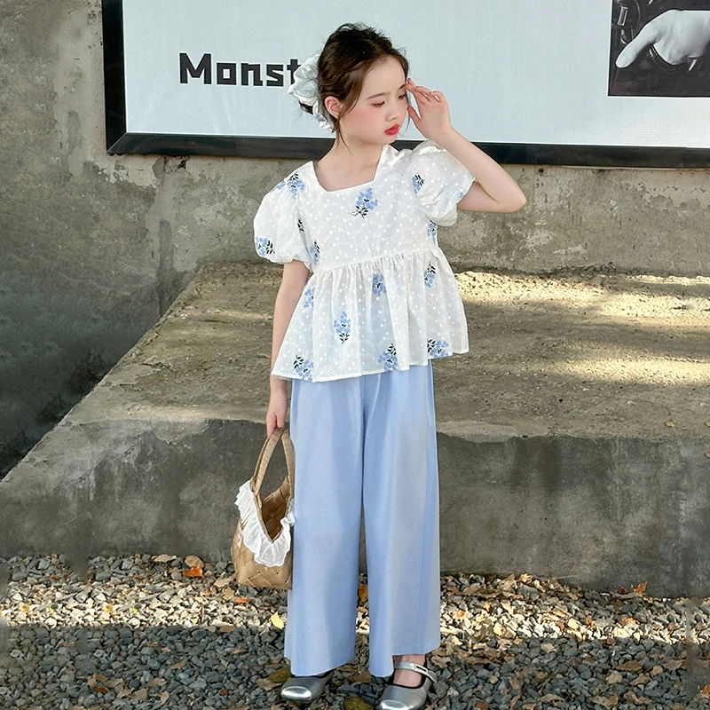 女童夏装套装2025新款洋气儿童夏季娃娃衫中大童休闲阔腿裤两件套