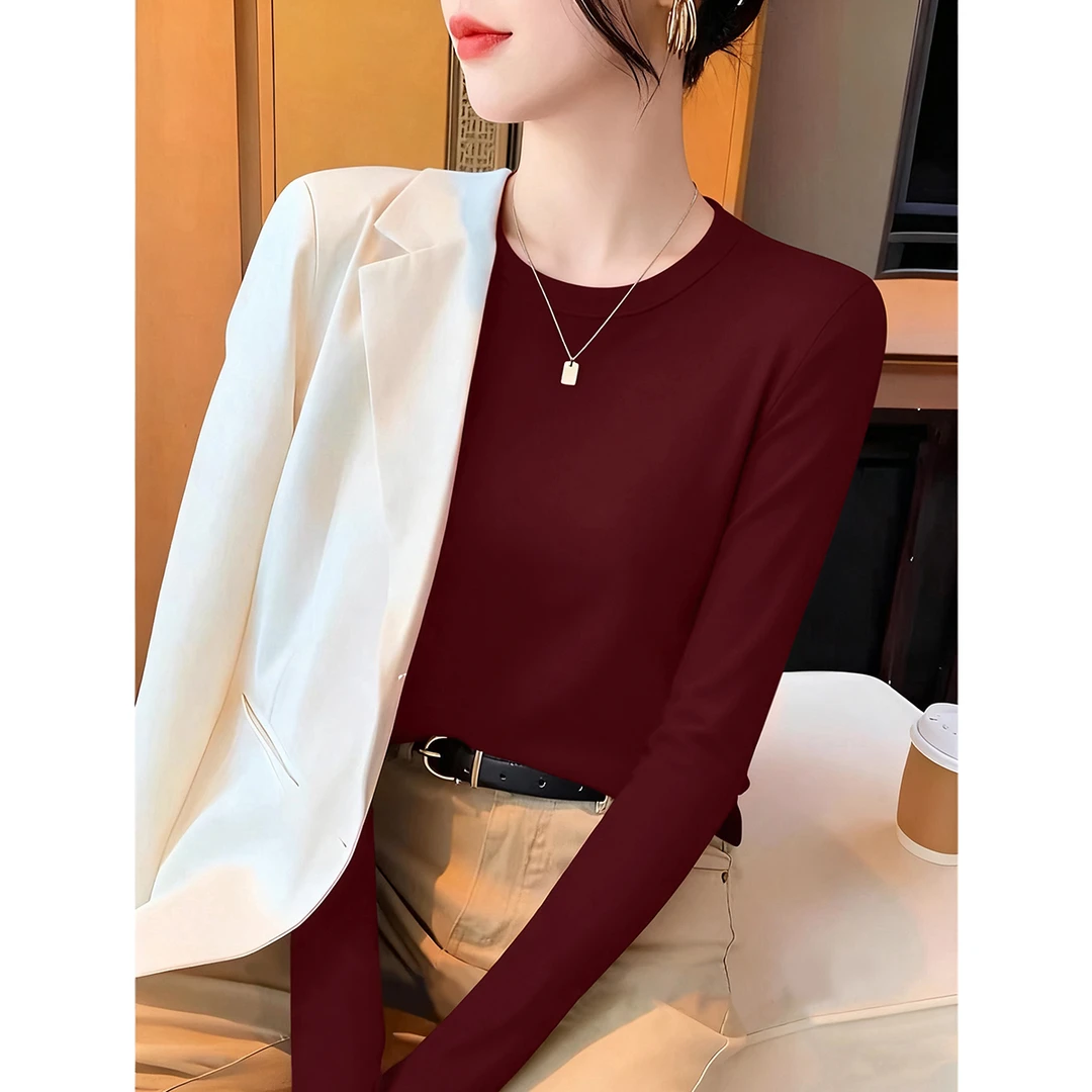 2025秋季新款修身显瘦长袖针织衫内搭打底上衣安可拉红圆领毛衣女