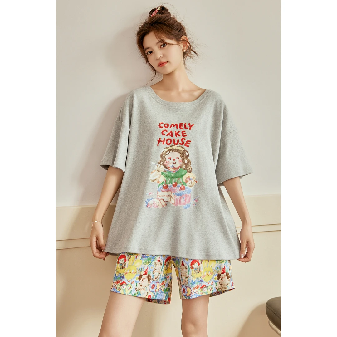 睡衣女夏短袖纯棉两件套装韩版甜美可爱薄款全棉夏天家居服可外穿