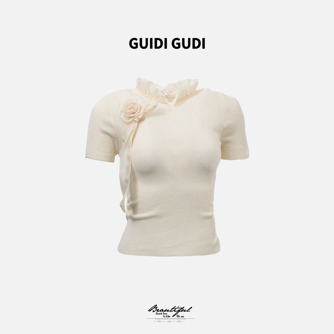 GUIDI GUDI【珠光夫人】黄加蓝重工珠珠花朵短袖T恤 T9511233H