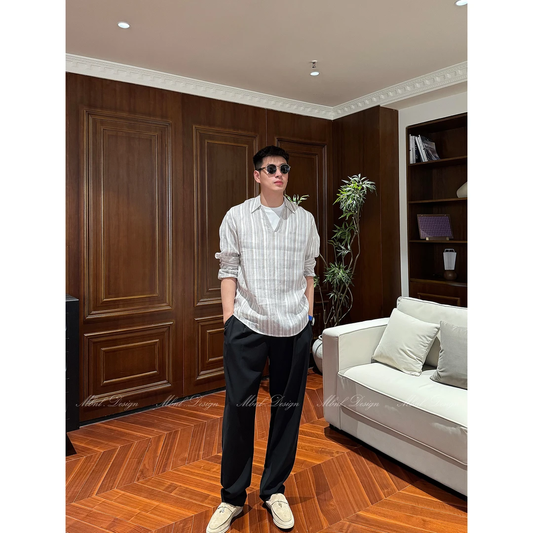 MBNL-F「海鸥领 竖条纹」秦磊男装100亚麻休闲长袖衬衫LL-LCS3016