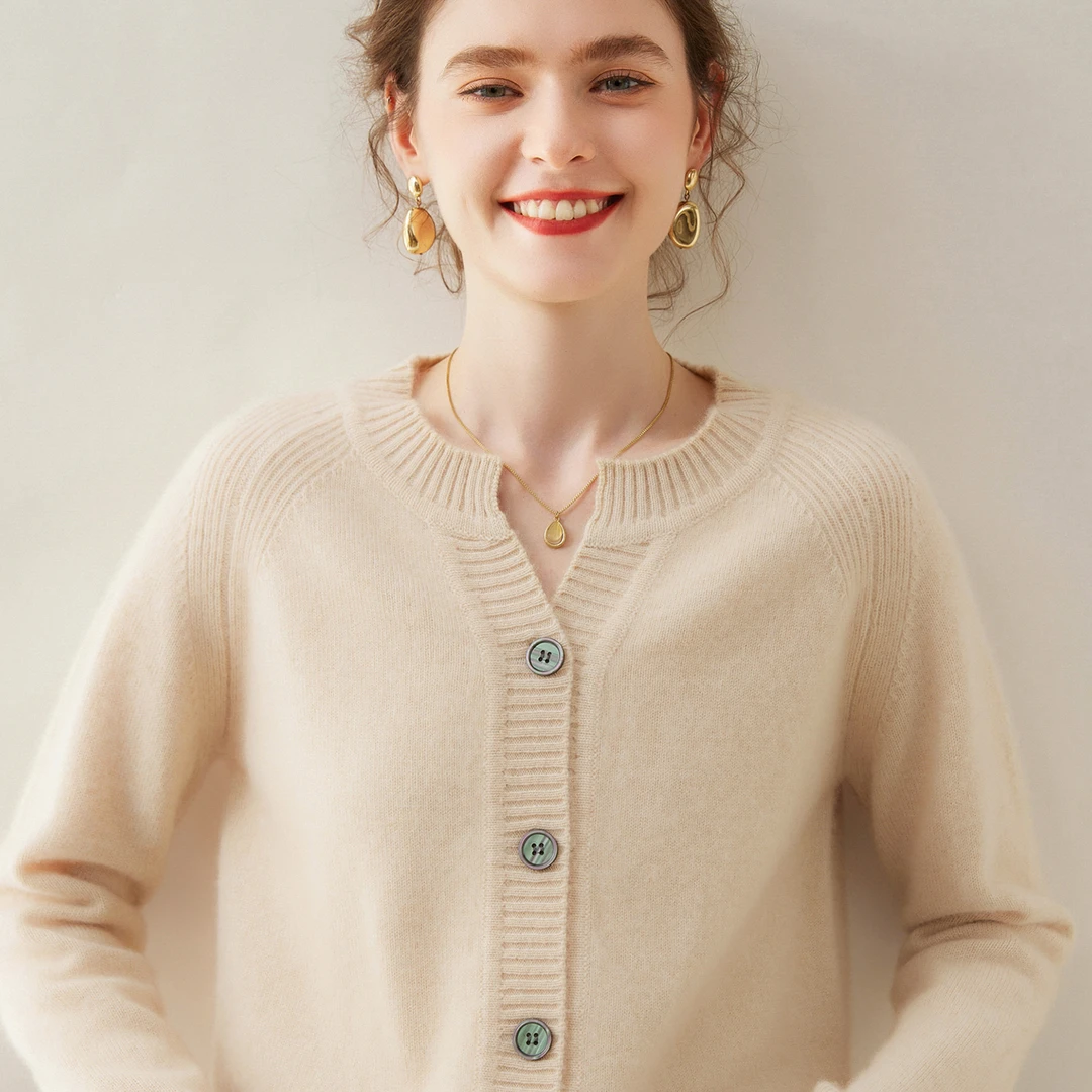 洋气慵懒范圆领加厚软糯羊绒开衫女外套宽松大码针织打底上衣