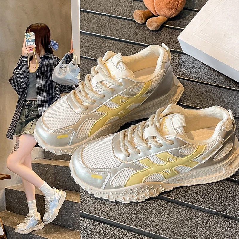 德训鞋女2025新款夏季薄款网面透气芭蕾阿甘鞋厚底休闲运动鞋子爆